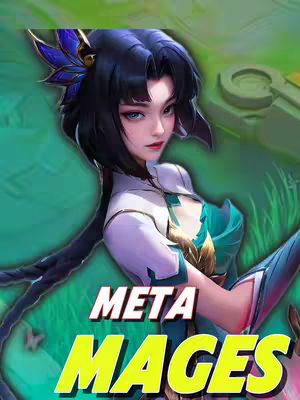 The cover image features a digitally illustrated female character from the waist up, with a serene expression and a forward gaze. She has long, dark hair with a distinctive blue decorative element. The character is clad in a white and teal outfit. Bold, yellow text reading "META MAGES" overlays the lower portion of the image, with a gradient green and blurred background.