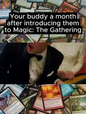 The image is a meme divided into horizontal sections. The top section shows a blurry background of many Magic: The Gathering cards. The middle section features a man in a tuxedo, with his mouth open in an expression of surprise or shock; beside him, a woman's arm is visible. The bottom section is a close-up of Magic: The Gathering trading cards.