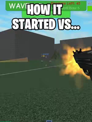 The cover image features a first-person perspective from a video game. The foreground shows a gun firing sparks, slightly off-center to the right. The background displays an open field with large, gray, rectangular structures. A text overlay at the top says "HOW IT STARTED VS..." in bold, white font with a black outline, on a green background.