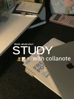 The image shows a well-lit, slightly angled view of a desk or table with several items arranged on top. In the foreground are open notebooks with handwritten notes, a pen, and the corner of a laptop displaying the Apple logo. In the background, a calculator and a notepad are visible. Text overlays appear on the image, including the words "STUDY with collanote," highlighted with a playful font. Additionally, there is text at the top left corner indicating the user's TikTok handle.