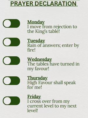 The image is an infographic presented vertically, with a light green background. The top shows the title "PRAYER DECLARATION" in a dark green, bold font, centered at the top. The main body is a list of days of the week, each paired with a concise declaration formatted in green font. The days are listed in a column with a switch-like icon on the left side, which are turned to the 'on' position. The Monday declaration is: "I move from rejection to the King's table!" The Tuesday declaration is "Rain of answers; enter by fire!" The Wednesday declarations says: "The tables have turned in my favour!" The Thursday declaration says: "High Favour shall speak for me!" The Friday declaration is "I cross over from my current level to my next level!"