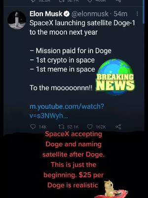 The image is a screenshot of a Twitter post by Elon Musk. The top half displays the original tweet, with details about SpaceX launching a satellite, Doge-1, to the moon. The bottom half of the image has additional text overlaid, discussing the significance of Dogecoin and its potential value.