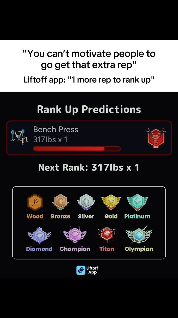 A black background with a graphic displaying workout data, a progress bar, and various badge icons. Text overlays include motivational quotes and app branding.