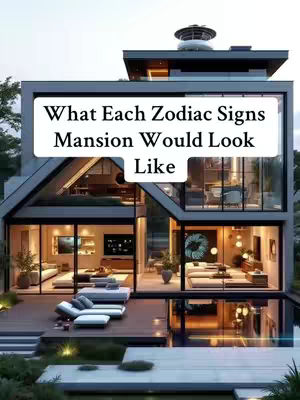 A modern mansion with large glass windows and doors, showcasing interior spaces, with text overlayed at the top.