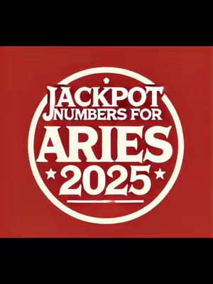 A red background with a white circular element in the center. The white circle contains text that reads 'JACKPOT', 'NUMBERS FOR', 'ARIES', and '2025*'. The text is arranged in a stacked format with stars on the bottom. The image has a retro or classic design.