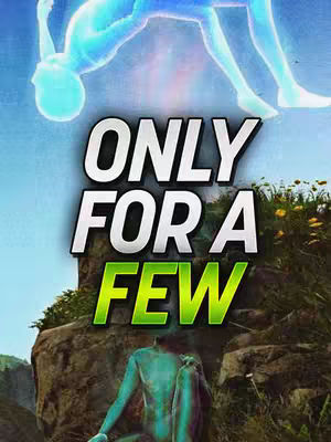 The image shows a split-screen composition. The top half displays a floating, ethereal human figure in light blue hues, suggesting a spiritual or otherworldly theme. The bottom half features a figure seated on a rock, with turquoise coloration, also conveying a sense of the divine, overlaid with the text 'ONLY FOR A FEW' in bold, attention-grabbing font, with a gradient from white to yellow-green. The background includes elements of nature like rocks and foliage, with a touch of a blue sky hinting at a tranquil setting.