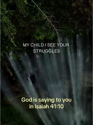 A vertical image with a natural background of lush green foliage and a waterfall cascading down. The foreground features overlaid text in white and yellow.