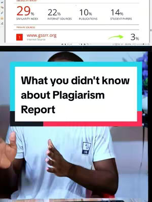A man in a white shirt is centered in frame with a large rectangular text overlay that reads, 'What you didn't know about Plagiarism Report.' Above the man’s head is a capture of what appears to be the 'originality report', displaying percentages in different categories, such as similarity index, Internet sources, and student papers. The background appears to be a room set up with lights and equipment.