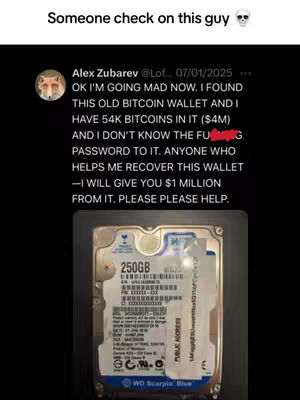 The image shows a black background with a screenshot of a tweet. The tweet is from Alex Zubarev on July 1, 2025, saying he found an old Bitcoin wallet with 54k bitcoins ($4M) and doesn't know the password. Below the text is a picture of a WD Scorpio Blue hard drive. A message at the top says, 'Someone check on this guy' with a skull emoji next to it.