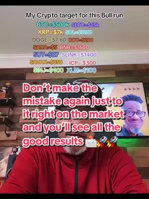 A man in a red jacket and black hat is in the foreground. Behind him is a TV screen displaying a cartoon portrait and crypto currency information. Text overlays on the image include a warning and a list of crypto targets.