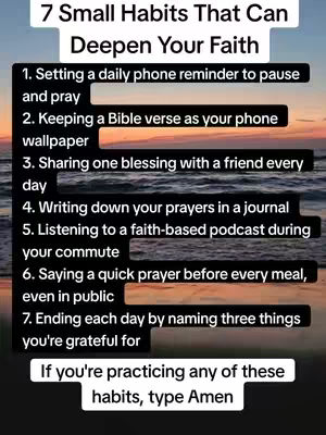 The cover image features a list titled '7 Small Habits That Can Deepen Your Faith' against a backdrop of a colorful sunset over the ocean. The list contains seven numbered points detailing habits such as setting reminders, keeping a Bible verse as a wallpaper, and sharing blessings.