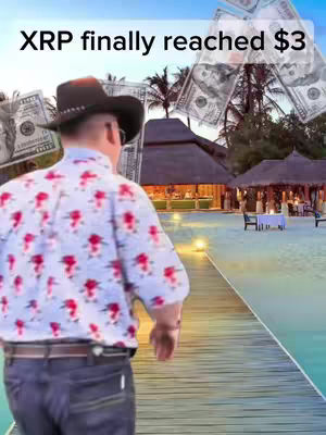 A man in a brown hat and floral shirt walks away from the camera towards a resort with a backdrop of a beach, palm trees, and a clear blue sky. Dollar bills are superimposed on the background.