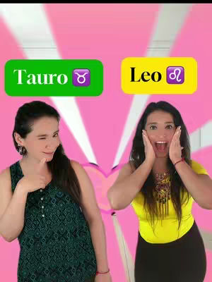Two women are featured, one winking with her thumb up and the other with a surprised expression, on a pink background with a decorative pattern, the text "Tauro" and "Leo" are in the image as well.