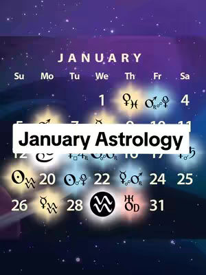 A vertical image with purple and blue hues in the background, creating a starry night effect. A calendar layout for January is overlaid, with the days of the week at the top. The dates feature astrological symbols.