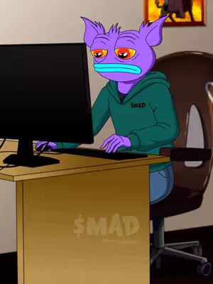 An animated image shows what appears to be a purple alien-like creature with large ears and tired eyes, wearing a green hoodie, sitting at a desk in front of a computer; the desk has a '$MAD' logo on it.