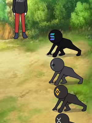 An animated image of a race in a field setting. In the foreground, stick figures representing different cryptocurrencies are in a starting pose. An animated character of person is standing with the word MARKET printed on the sweatshirt. The background is a blurred, cartoonish depiction of a green field with trees.