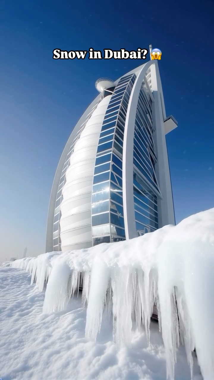 The cover image showcases the Burj Al Arab hotel in Dubai, covered in snow and icicles. A text overlay reads "Snow in Dubai?". The image has a blue sky background.