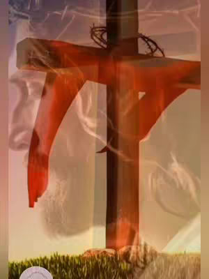 The image features a cross as the primary subject, rendered in a warm, desaturated color palette. The cross, a symbol of Christianity, is centrally positioned, filling much of the frame, with parts of the structure appearing in red, and a partial view of what seems to be a crown of thorns. The color scheme includes oranges and browns, creating a warm, soft overall feel. At the base of the cross, there's a suggestion of vegetation: grass or foliage. The image includes a blurry, smoky or vaporous texture throughout, over the cross, suggesting a sense of reverence and historical symbolism. The light appears to be diffused, giving the scene a softly lit, perhaps reverent quality.