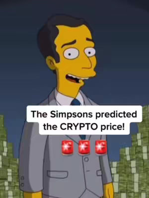 The cover image is a still from The Simpsons cartoon. It features a character in a suit with a concerned expression, standing against a backdrop of stacks of money. Overlayed on the image is text stating "The Simpsons predicted the CRYPTO price!". There are red images with star symbols that looks like a form of animation on the character's suit.