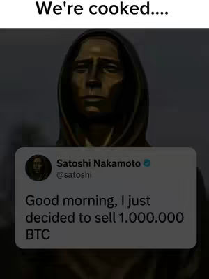 The cover image features a bronze statue of a person in a hooded garment, resembling a statue of Satoshi Nakamoto. A Twitter-like box is overlaid on the image, displaying a tweet from Satoshi Nakamoto that says, "Good morning, I just decided to sell 1.000.000 BTC."