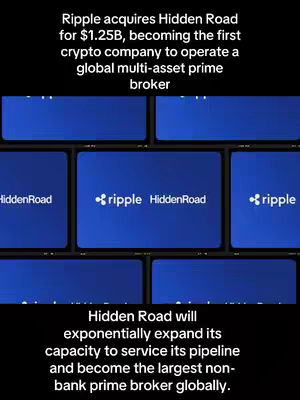 The cover image is a text-based graphic with a black background and blue rectangular boxes. The top section of the image explains that Ripple acquires Hidden Road for $1.25B. Below, there is a layout of blue rectangles with the Hidden Road and Ripple logos within them. The bottom text details more information about Hidden Road.