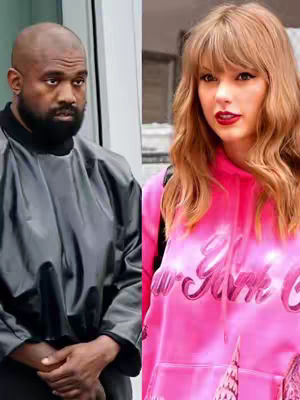 The cover image shows a split view with two recognizable figures: Kanye West on the left, and Taylor Swift on the right. Kanye, with a shaved head and dark clothes, looks serious. Taylor, on the other hand, smiles and wears a pink hoodie and her hair is blonde with fringe.