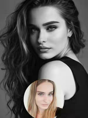 A black and white close-up portrait of a woman with long, wavy hair, looking over her shoulder towards the viewer. A smaller, color photo of a woman with blonde hair is overlaid on her shoulder. The overall composition is a blend of photography and a secondary image.