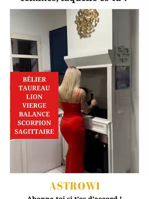 A woman in a red dress is standing in a kitchen, with a section of text on the left side of the image listing zodiac signs. Text overlays at the bottom read "ASTROWI".