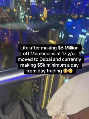 A vertical video cover image shows a high-angle, nighttime cityscape view from a high vantage point, likely a skyscraper. The city lights twinkle, suggesting a vibrant urban setting. Overlaid on the image is a black rectangle with white text detailing the creator's financial success and lifestyle.