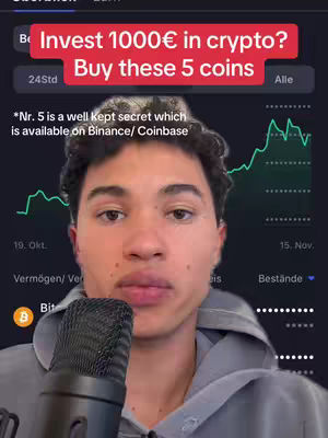 A young man with brown hair and a grey hoodie looks at the camera with a microphone in front of him. Overlayed on the image is red bar with text that says, Invest 1000€ in crypto? Buy these 5 coins.