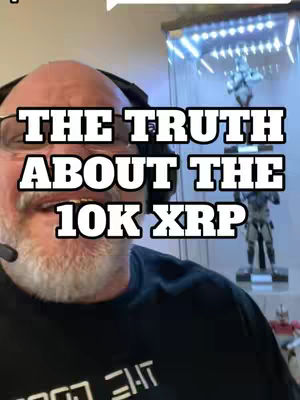 A man with a beard and glasses wearing a headset is in a room with a display case with figurines. Text overlayed on his face reads 'The Truth About the 10K XRP'.