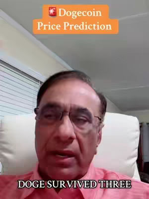 The cover image features a man sitting in a room with a neutral background. A title overlay stating "Dogecoin Price Prediction" is at the top. At the bottom, the text "DOGE SURVIVED THREE" is displayed. The man is wearing glasses and a pink shirt.