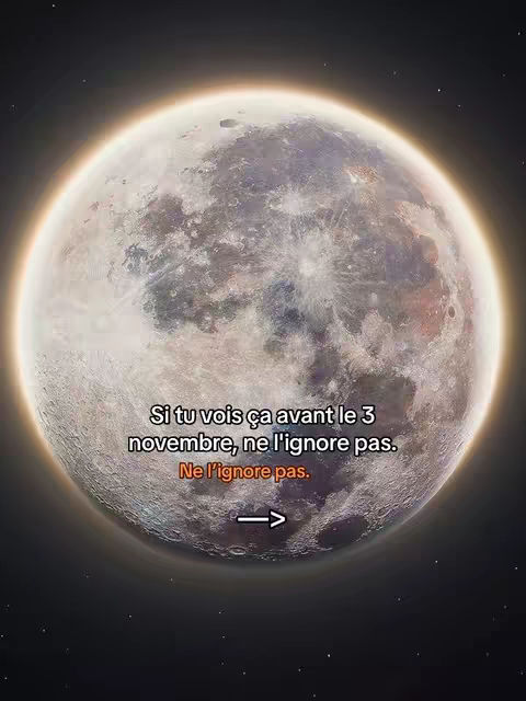 A full moon dominates the image, appearing as a bright, textured sphere against a dark, star-speckled background. Text elements are superimposed to convey a message with a directional arrow, enhancing the overall composition.