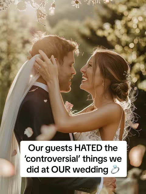 A wedding photo features a couple embracing outdoors. The bride, on the right, is joyful, smiling, and has her arms around the groom. The groom, on the left, is also smiling. The bride is wearing a white wedding dress. The scene is softly lit with a blurred background suggesting a garden setting. A rectangular text box at the bottom contains the main title of the video.