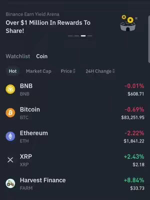 A screenshot from the Binance app displaying cryptocurrency prices and market information, set against a dark background. The screen shows a list of cryptocurrencies including BNB, Bitcoin, Ethereum, XRP, and Harvest Finance, with their current prices and percentage changes. Text overlays at the top include the 'Binance Earn Yield Arena' title and a message about rewards. The interface features a clean, modern design.