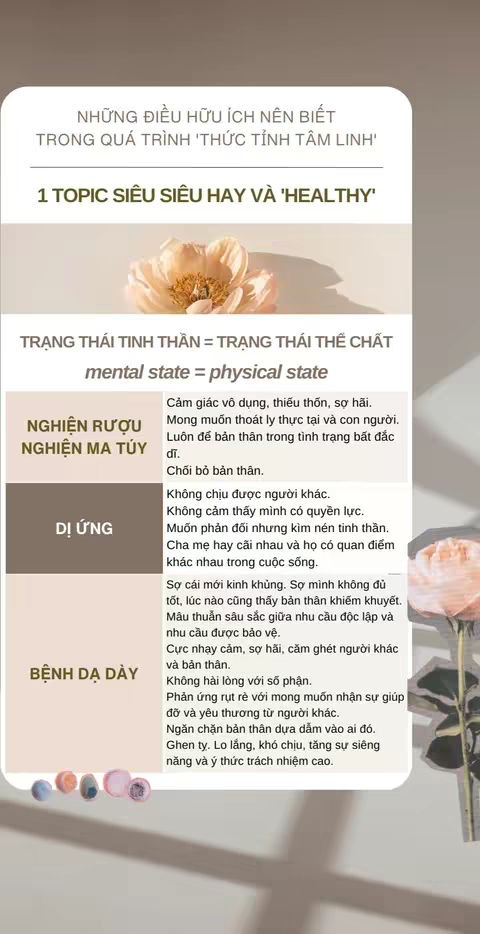 The cover image is a stylishly designed graphic in a vertical format, featuring a primarily cream-colored background. On the upper portion, a caption in bold, dark text reads 'NHỮNG ĐIỀU HỮU ÍCH NÊN BIẾT TRONG QUÁ TRÌNH 'THỨC TỈNH TÂM LINH', followed by a numbered list starting with the heading '1 TOPIC SIÊU SIÊU HAY VÀ 'HEALTHY'. In the center, there is a flower. Below the header is a segmented graphic featuring a table of sorts with a 'mental state = physical state' header and categories down the left side: 'NGHIỆN RƯỢU NGHIỆN MA TÚY', 'DỊ ỨNG', and 'BỆNH DẠ DÀY', with each category having a description to the right. The overall layout is clean and modern, with a muted and calming color palette.