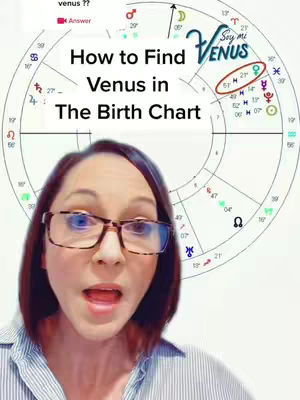 A woman with glasses is positioned in front of a birth chart, with the title "How to Find Venus in the Birth Chart" overlaid on the image. The background is a light color with the birth chart and text overlaid.