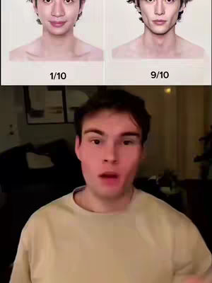 The cover image is a split screen. The top shows two images of a person's face, side by side with the ratings 1/10 and 9/10. In the bottom part of the image, there's a person looking at the camera with wide eyes and a slightly open mouth.