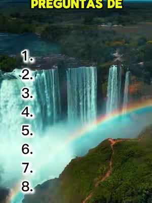 A scenic image featuring a waterfall with a rainbow arching across the lower portion. Numbers 1 through 8 are listed vertically along the left side with 'PREGUNTAS DE' at the top center.
