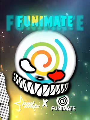 An image promoting the Funimate app. In the center, a stylized Funimate logo is surrounded by abstract shapes and colors. At the top, the word Funimate is written with a blue gradient. The bottom part has a white face with black and red details, combined with Funimate text.