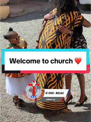 An outdoor scene with three people, two adults hugging and a child in the foreground with sunglasses drinking from a juice box. The image has a rectangular overlay at the bottom with the text 'Welcome to church' and a heart symbol.