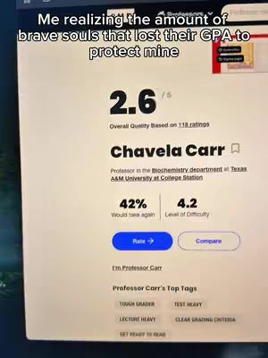 A screen displaying a website of a professor rating. The website shows information such as professor's name, rating, and difficulty level. There are some text overlay displayed on top of the website.