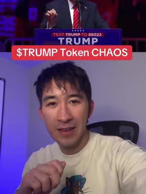 A video cover image of a man in a light-colored shirt with a white background. In the upper portion of the image, there is a picture of former President Donald Trump at a podium. Beneath this, there is a red banner with the text "$TRUMP Token CHAOS".