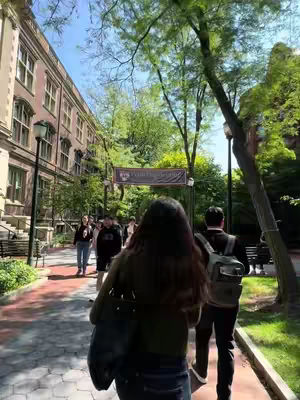 A sunny outdoor scene shows a walkway through a college campus, lined by buildings and trees. A person with long dark hair is walking away from the camera, with a few other people ahead and behind. The focus is on the walkway and the college environment.
