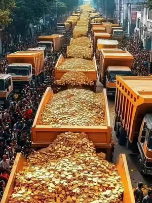 An overhead shot captures a road filled with numerous orange dump trucks, their beds overflowing with what appears to be gold coins. The trucks fill the entire frame, with pedestrians lining the sides of the road. The scene creates a sense of wealth and a busy, bustling environment.