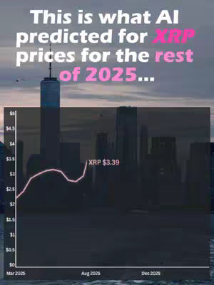 The image shows a night cityscape with a digital line graph overlaid, indicating XRP price fluctuations. Text at the top states, 'This is what AI predicted for XRP prices for the rest of 2025....' The graph shows a fluctuating, upward-trending line with the current marked price of $3.39. It uses shades of blue and pink, and the skyline appears silhouetted.