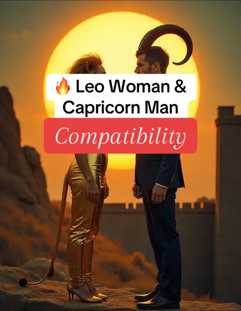The image is a digital illustration of a sunset scene with two figures facing each other. On the left, a woman is depicted with a lion's mane and golden attire, including a tail. On the right, a man with the horns of a Capricorn is dressed in a suit. Above them is a large, setting sun. Text overlays include 'Leo Woman & Capricorn Man' and 'Compatibility.' The composition is set on a rocky landscape.