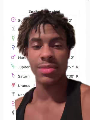 The cover image shows a young man in a close-up shot, slightly tilted. The background is a blurred display of astrological information, with text and symbols related to zodiac signs and planetary positions. The man is looking directly at the camera with a neutral expression, his dark hair is styled in short dreadlocks. He wears a black tank top, and the lighting appears to be natural.