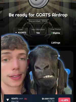 A selfie-style image featuring a young man and a goat. The man is on the left with a smiling expression, and the goat is on the right, appearing to make a funny face. Overlaying the image are promotional details about a GOATS Airdrop, including text and a crypto-related interface.
