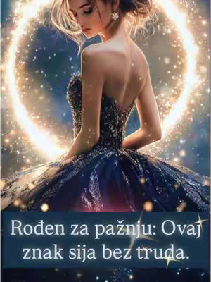 A digital artwork featuring a woman viewed from behind and angled slightly to the side, set against a backdrop of a soft, illuminated ring and a starry sky. The woman has light skin, long hair pulled back in a loose updo, and is wearing a sparkling, dark-colored gown. The dress has a strapless design that fits tightly. At the bottom of the image, a blue bar contains text.